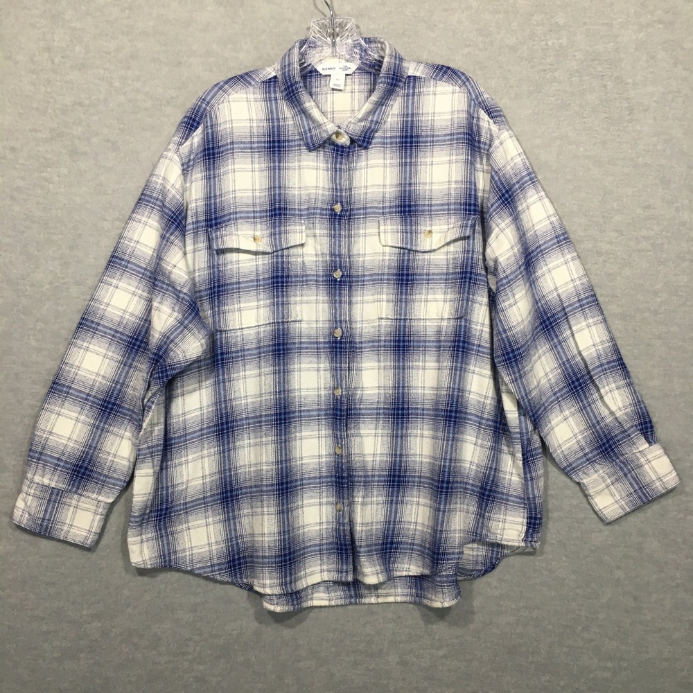 Old Navy XL Flannel Boyfriend Shirt Blue White Plaid Retro 90s Grunge EUC